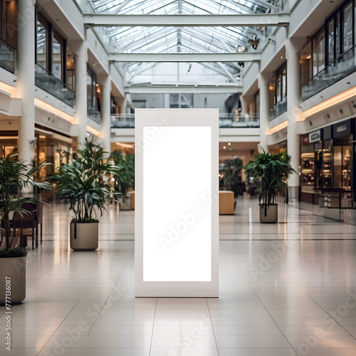 Indoor Advertising: Freestanding Display in a Shopping Gallery, Freestanding advertising on white and transparent display located in a shopping mall atrium, Roll up mockup