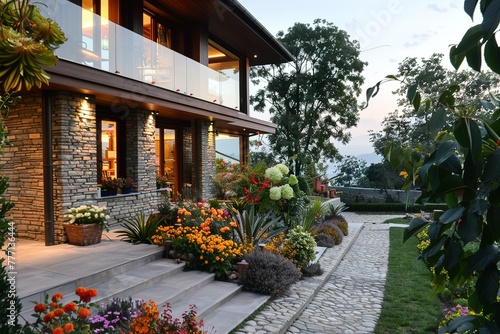 A large house with a beautiful garden in front of it