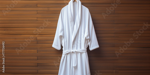 a white mock up smple of a white hodded bathrobe hanging infront of a pollished wood wall сreated with Generative Ai photo