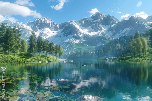 Serene Alpine Lake A Picturesque Scene of Nature's Tranquility Generative AI © Riya