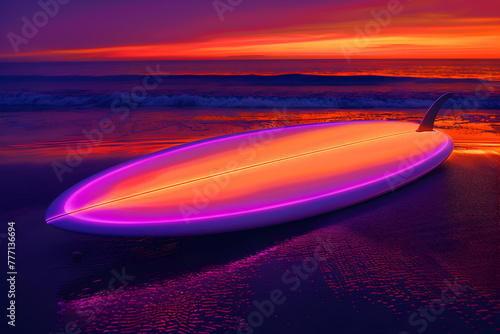 Vivid neon surfboard on beach at sunrise isotated on black background.