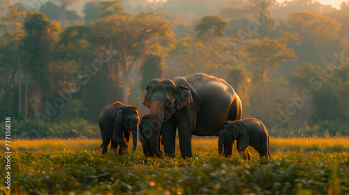 A family of elephants, with towering trees as the background, during a midday heatwave