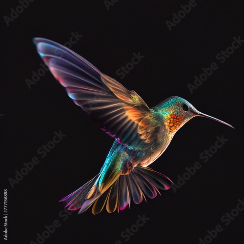Enchanting hummingbird in mid-flight, vibrant colors, on black background. © brace