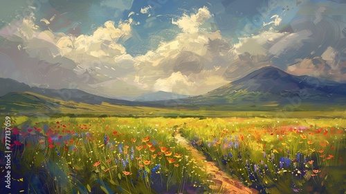 Impressionist Landscape of Wildflowers and Mountains