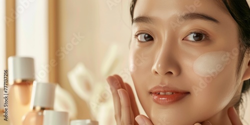 Asian woman with flawless skin, highlighting a skincare product, evoking a refined beauty routine.