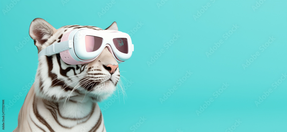 Portrait photorealistic of anthropomorphic fashion White Tiger in fashionable glasses isolated on solid blue background. Creative animal concept. Copy space. Banner.