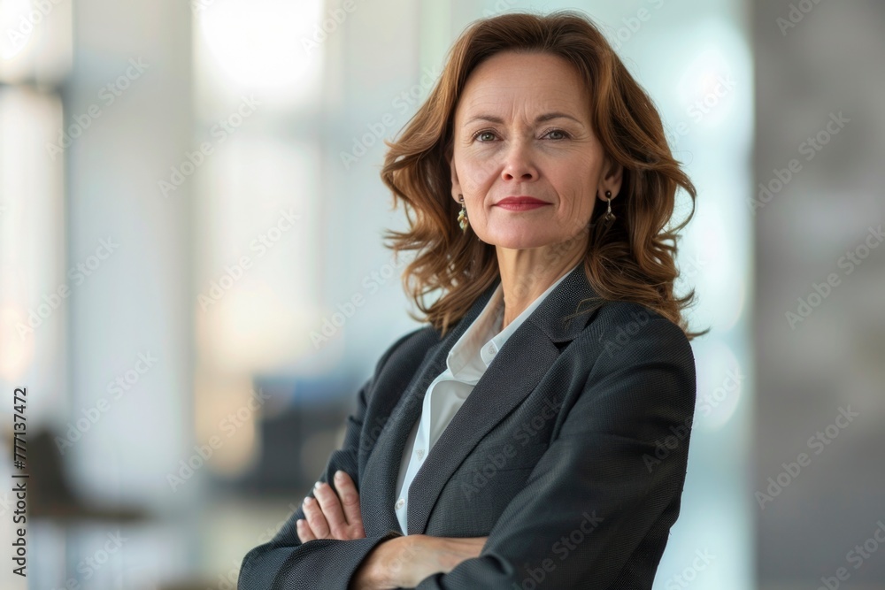 A confident middle-aged female executive stands with her arms crossed, her demeanor exuding certainty and professional strength. A confident middle-aged female executive stands with her arms crossed, her demeanor exuding certainty and professional strength.