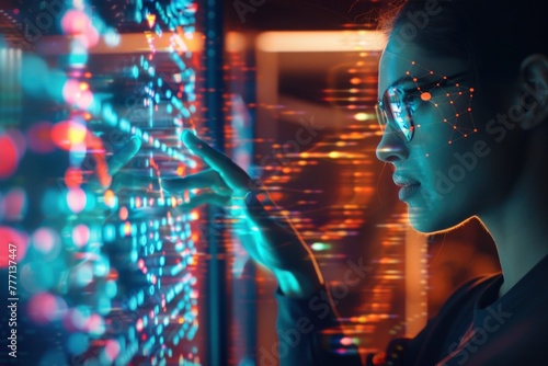 A person interacts with an illuminated DNA strand  surrounded by futuristic digital overlays