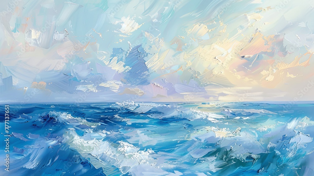 Abstract Ocean Waves Under Pastel Sky Painting - obrazy, fototapety, plakaty 
