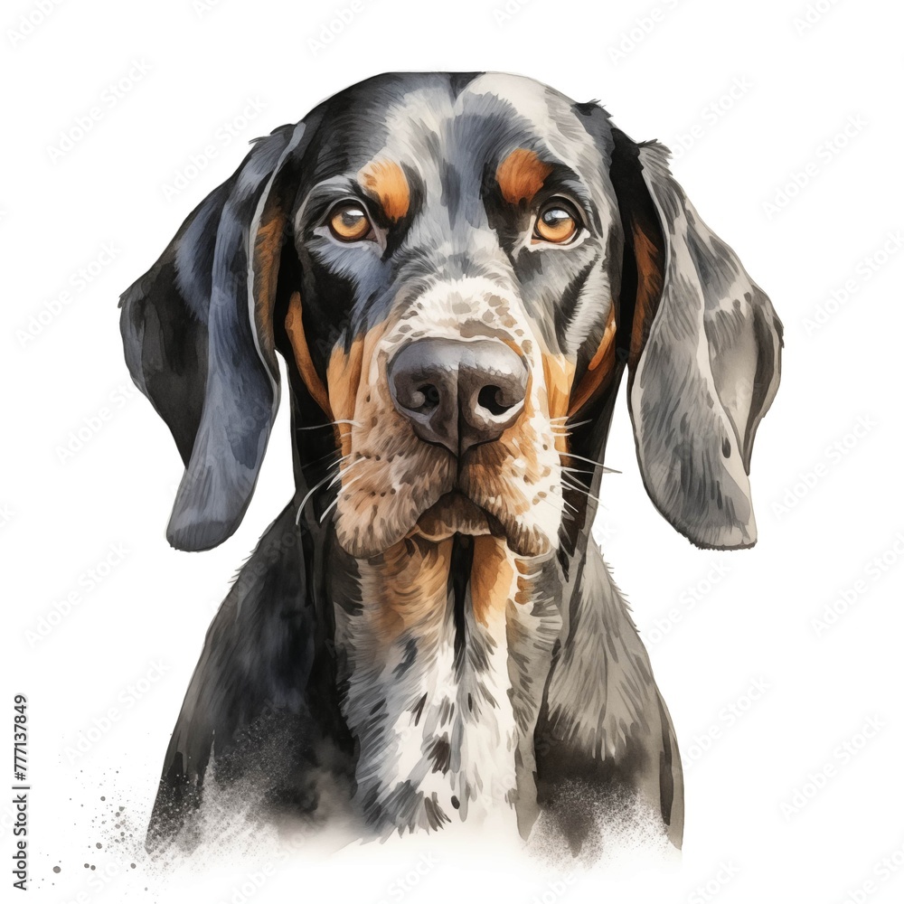 Bluetick coonhound dog. Bluetick coonhound clipart. Watercolor illustration. Generative AI. Detailed illustration.