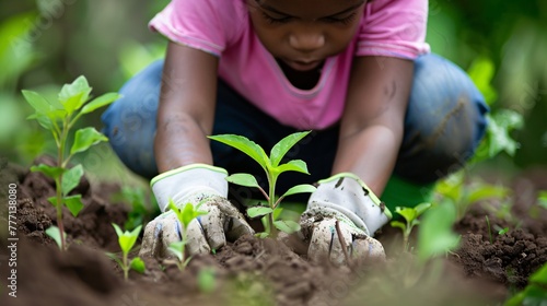 close-up of a child planting a plant