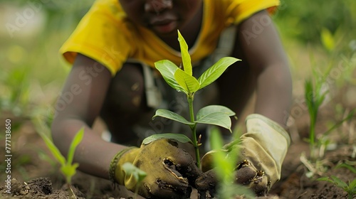 close-up of a child planting a plant