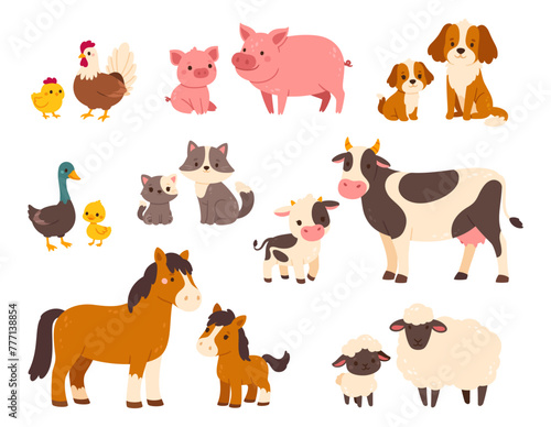 Fototapeta Naklejka Na Ścianę i Meble -  Farm animals with their baby. Cartoon pet animal family. Mothers and kids. Domestic parents and children. Mom pig with piglet, cute cow and calf. Vector set