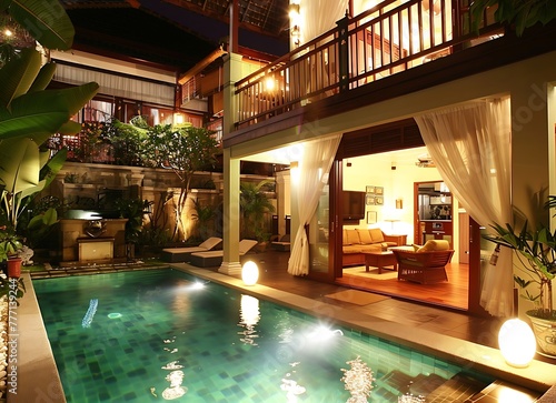 beautiful bali style villa with swimming pool and garden at night,  © Ghulam