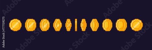 Pixel art gold coins. Cartoon 8bit pixelated money for retro video game. Step by step coin animation. Concept rotating icon, 16 bit cash gaming elements. Vector illustration photo