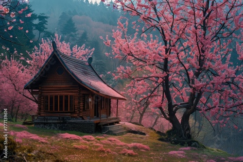 Cabin Enveloped by Cherry Blossoms