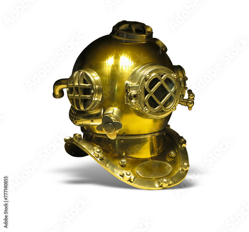 Diving equipment. Bronze helmet from the diver's suit isolated on white background