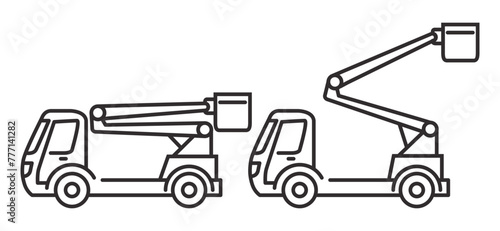 Bucket truck line icon.Bucket boom truck side view.Aerial platform.Crane truck with basket.Bucket boom truck.Picker high lift platform.Vector outline illustration.Isolated on white background.