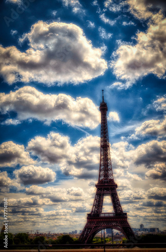 the Eiffel Tower is a metal tower completed in 1889 for the Universal Exhibition and then became the most famous monument in Paris. Here with the background of a cloudy sky photo