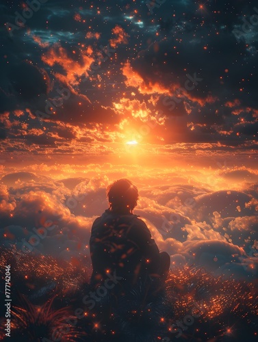 Eosophobia - Dramatic Fiery Sunrise Over Surreal Cosmic Landscape Silhouetted Figure Contemplating the Ethereal Dawn