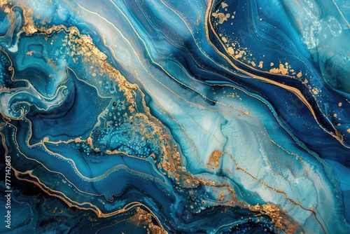 Luxurious ocean inspired art with blue and gold accents. photo