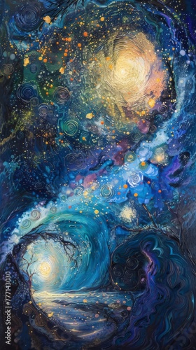 Abstract painting blending cosmic swirls and nature themes with vivid colors conveying a sense of deep connection with the universe.