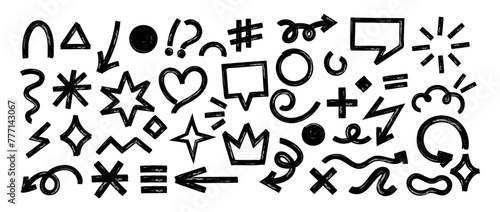 Brush hand drawn elements. Sketch painted abstract objects. Chalk doodle drawing symbols. Grunge shapes and figures. Markers texture. Brush drawn lines. Vector set