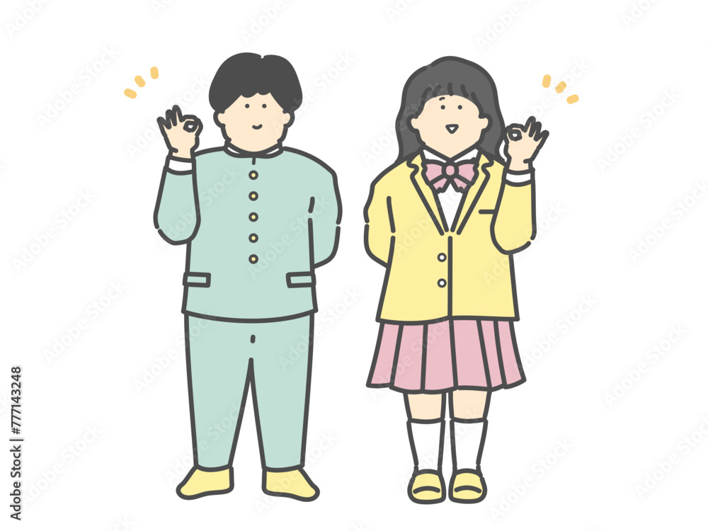 OKポーズをする男子学生と女子学生の全身イラスト OKポーズをする男子学生と女子学生の全身イラスト