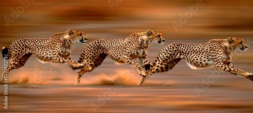 Graceful agile cheetahs racing across the savannah at the edge of the dense jungle photo