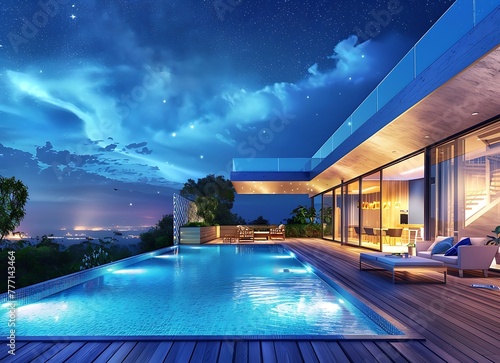 Beautiful modern luxury villa with swimming pool and wooden deck, night view, outdoor furniture around the edge of an in ground pool, tropical landscape, blue sky, stars, high resolution photography