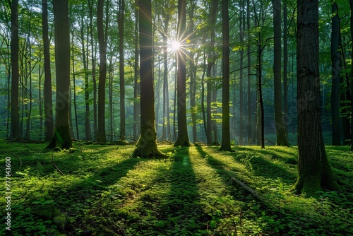 Sunlight Beams Through Forest of Tall Trees Generative AI