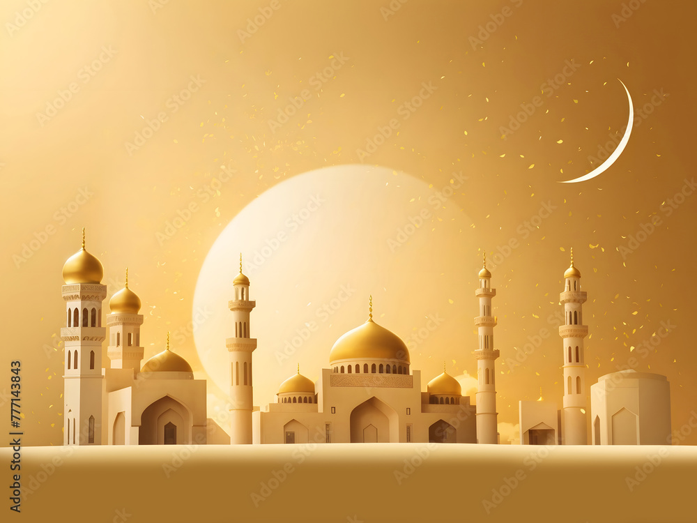 Eid al-Adha Mubarak is an Islamic festival with a mosque in a flat golden colour design.