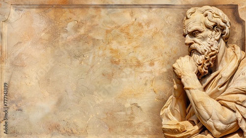 Portrait of a gentle and flawless thinking stoic marble statue. Perfect for background and quotes. With copy space. photo