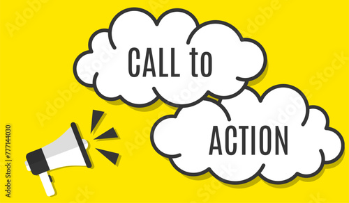 Vector banner. Megaphone with call to action speech bubble. Loudspeaker. Banner for business, marketing. Banner design vector illustration.