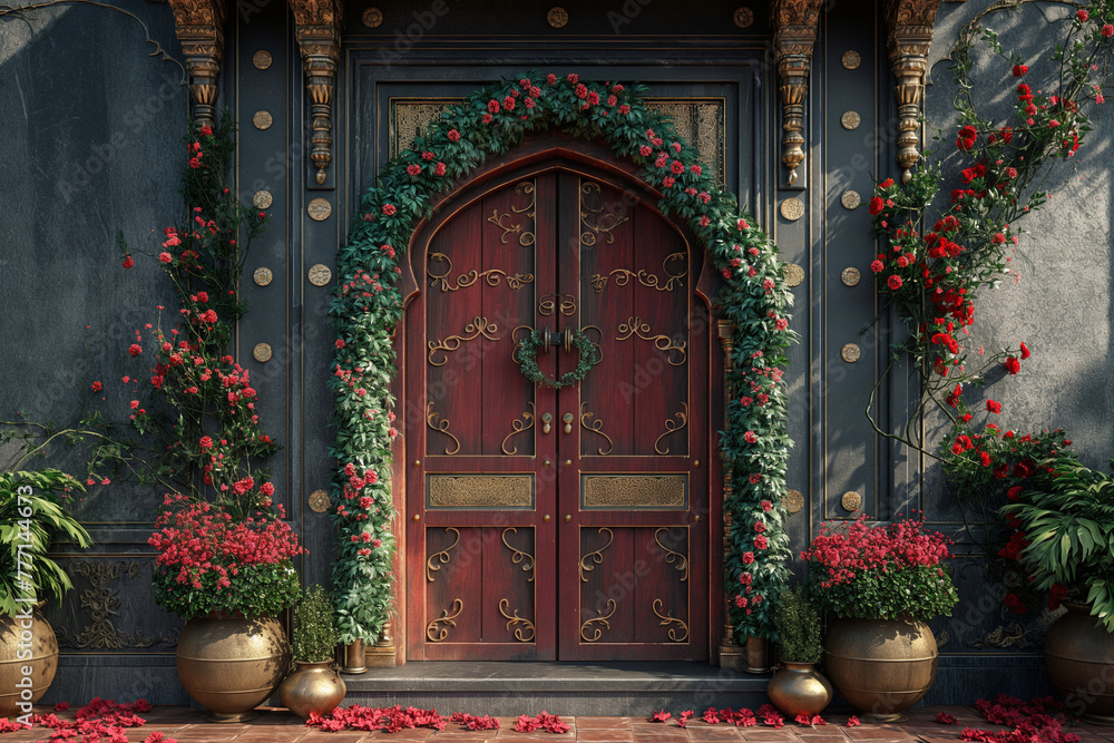 Obraz premium Wooden door decorated with red flowers in a garden. 3d render of a beautiful old doorway decoration, generative ai