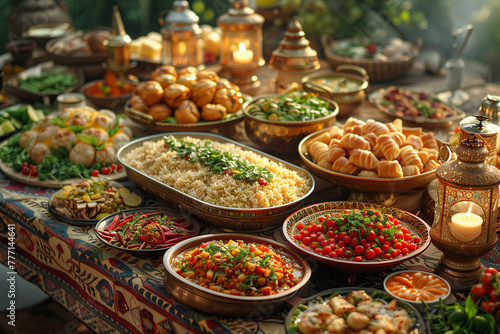 Arabic traditional food on table. Ramadan Kareem celebration concept. iftar food decoration, generative ai
