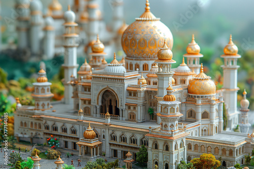 Miniature model of a beautiful mosque, Eid Mubarak greeting card concept, Islamic background, generative ai