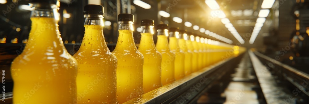 Fruit juice beverage manufacturing line on conveyor belt in drink factory production - obrazy, fototapety, plakaty 