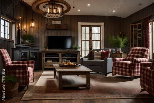 Warm and inviting space with wood panel walls and comfortable plaid seating.