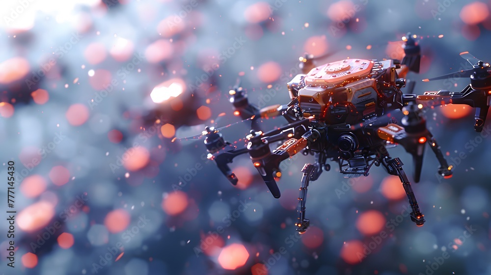 a swarm of autonomous drones hovering in formation, their synchronized ...