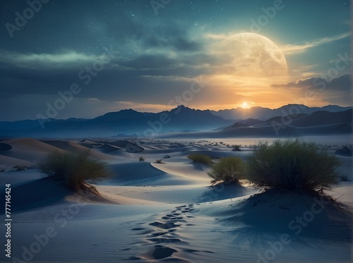 Sunrise casting golden hues on desert dunes