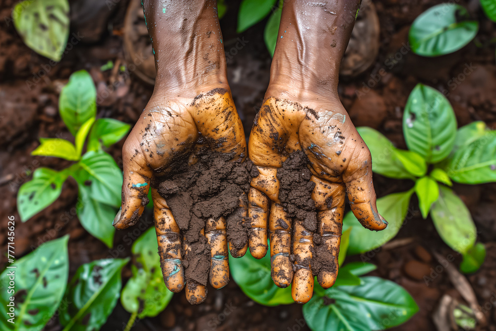 Close-up of dirty hands holding soil, with young plants growing in the background, symbolizes growth and agriculture Close-up of dirty hands holding soil, with young plants growing in the background, symbolizes growth and agriculture