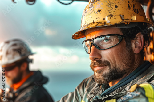 A focused view of offshore workers with protective gear, highlighting the demanding and critical nature of industrial work photo