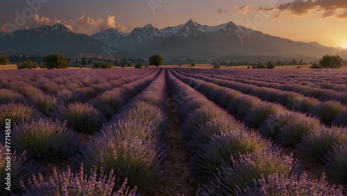 lavender fields with high mountains in the background photo