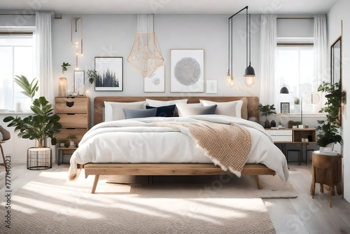 Cozy white bed with wooden accents in a bedroom, bedroom with a bed and a dresser