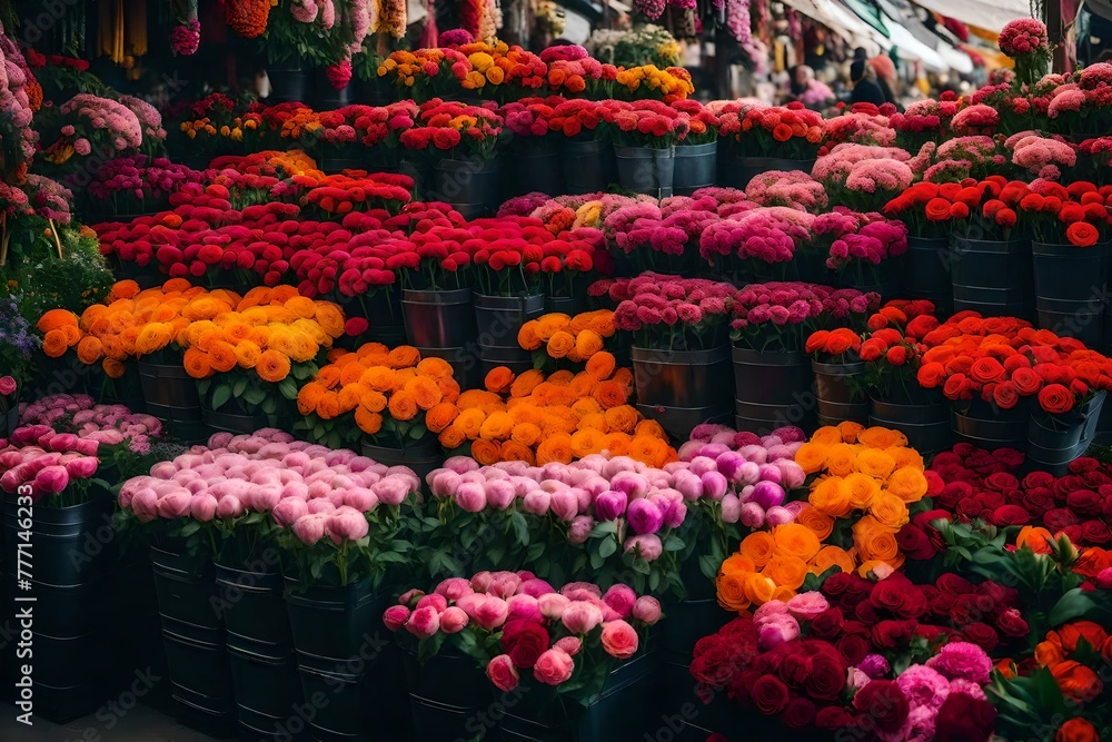 Vibrant assortment of freshly picked flowers displayed at market stalls, A large group of flowers in buckets