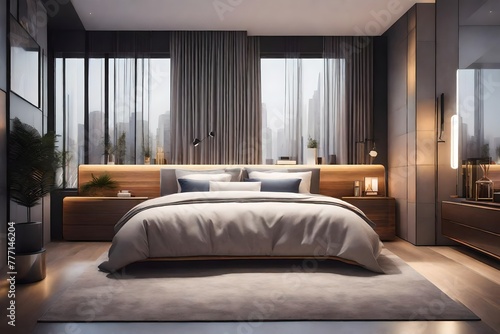 A modern bedroom with a spacious bed and a sleek mirror.