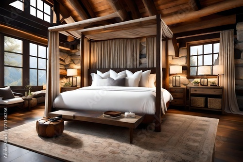 Rustic elegance in a log cabin bedroom with four poster bed,  photo