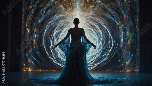 In the midst of swirling ethereal light, a figure clad in shimmering robes performs an ancient dance under a sky ablaze with celestial energies.