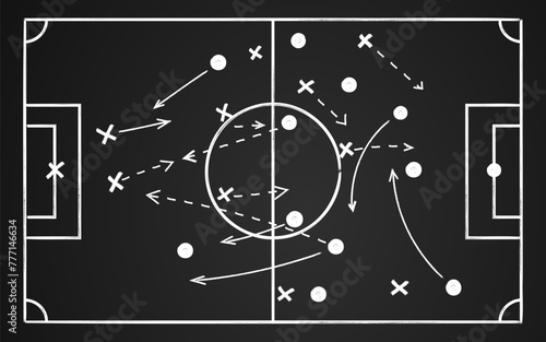 Sketches soccer strategy. Drawing coach soccer tactic on chalkboard for football team. Sport game planning. Sketch chalk scheme and plans on blackboard. Vector illustration